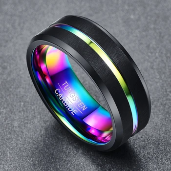 

Tungsten rings for men's Jewelry AAA Quality 8MM wide Black Matte Plating Colorful Slotted Tungsten Steel Ring Anniversary gift