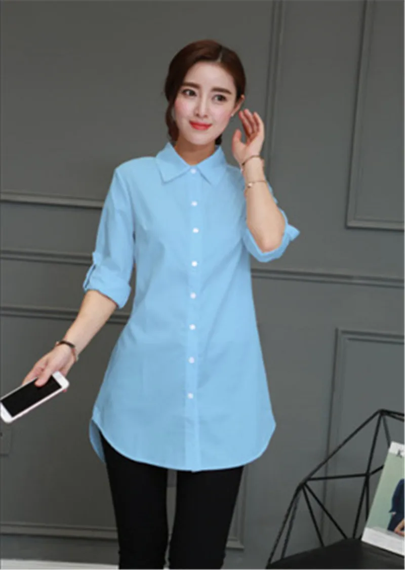 Womens OL Cotton Long Blouses Top Slim Long Sleeve Turn-down Collar Ladies Shirts Pink/White/Blue Blusas Plus Size 5XL Shirt 6