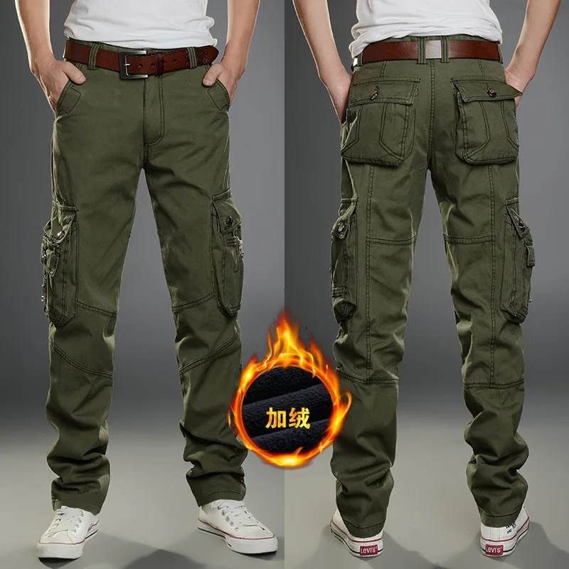 overalls warm winter with velvet thickening men casual pants pocket