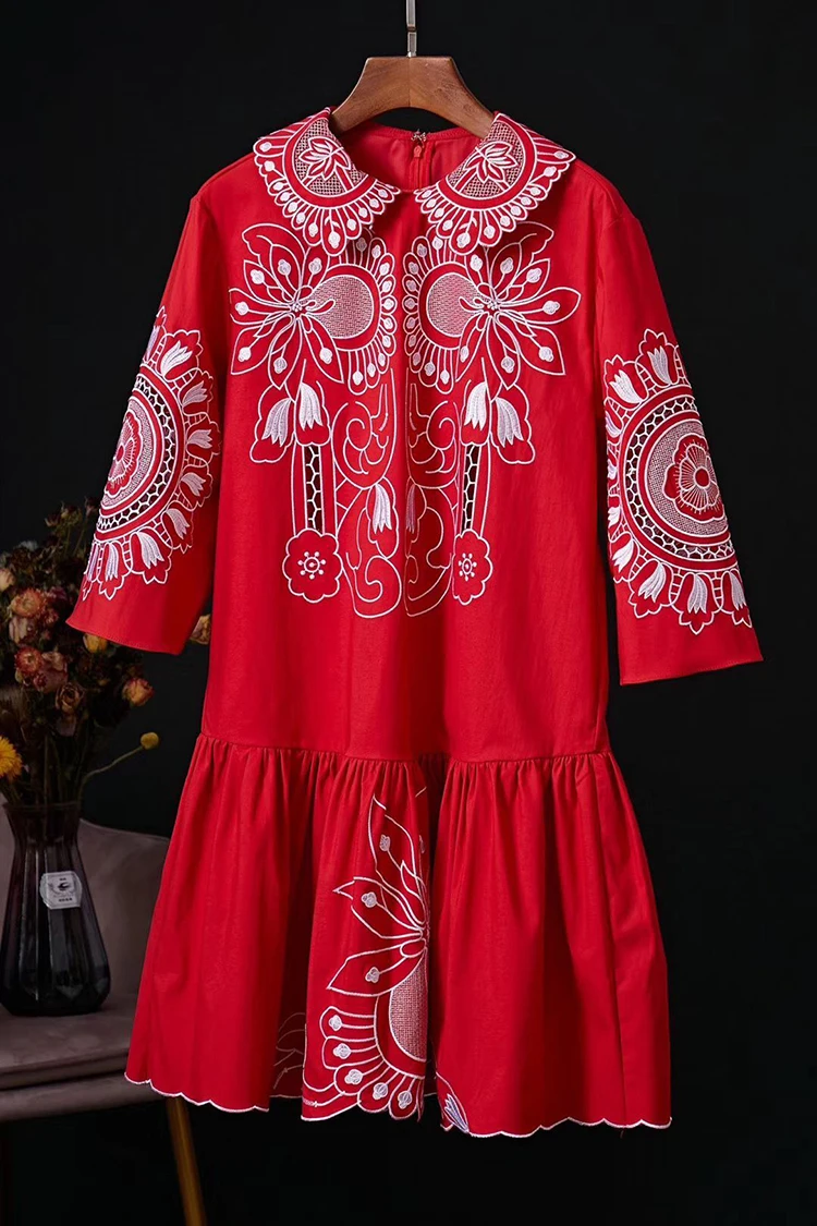 Ziwwshaoyu Подиум дизайнерское хлопковое мини-платье женское нежное платье с вышивкой в стиле барокко 3/4 с расклешенными рукавами платье для отдыха