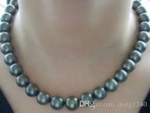 

18 "9-10MM NATURAL TAHITIAN black green round pearl necklace silver