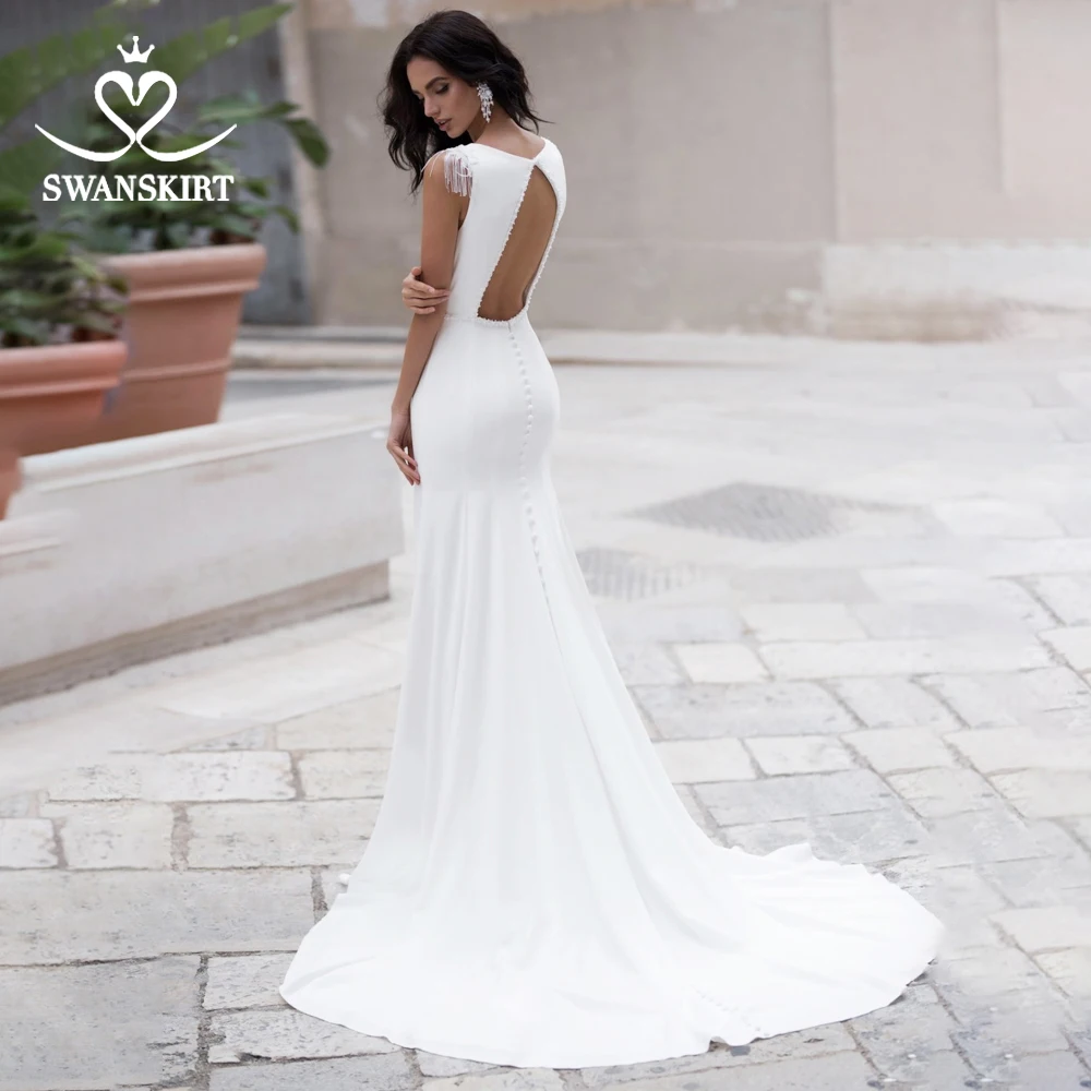 Слоновая кость Винтажное вышитое бисером атласное свадебное платье Swanskirt N136 Совок Кнопка Русалка суд Поезд Индивидуальные свадебное платье Vestido de novia - Цвет: Слоновая кость