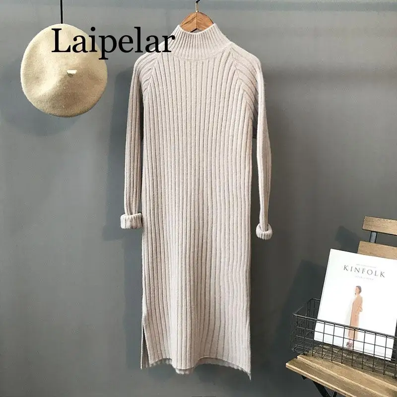 Autumn Winter Women Knitted Dress Half Turtleneck Sweater Dresses Lady Straight Bodycon Long Sleeve Bottoming Dress Vestidos