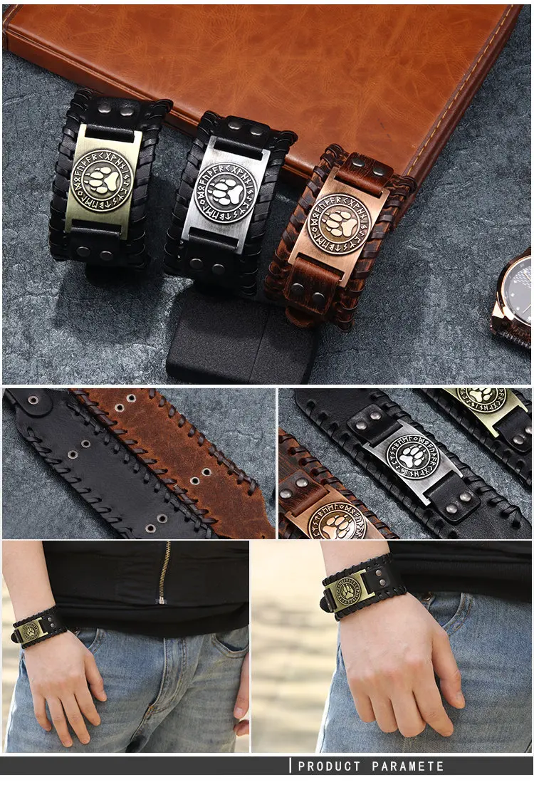 3 Color Vintage Bear Prints Charm Bracelets for Men Handmade Braid Leather Bracelets Fashion Punk Rock Style Jewelry