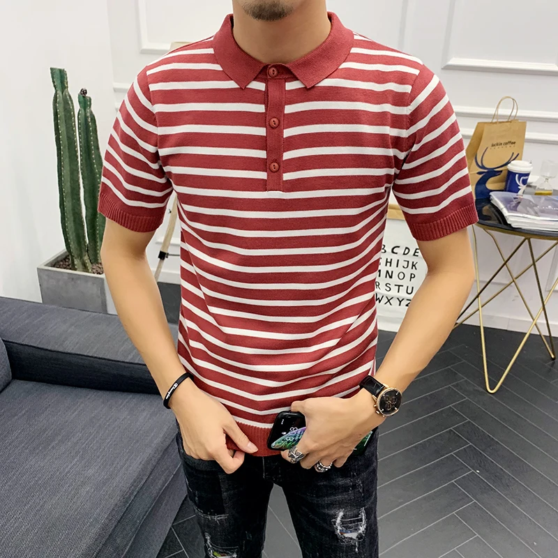 

Blue Black Red British Polo 3 Color Knitted Polo Shirt Stripe Collar Men Poleras Hombre 2019 Polo Shirt Camiseta Verano Hombre