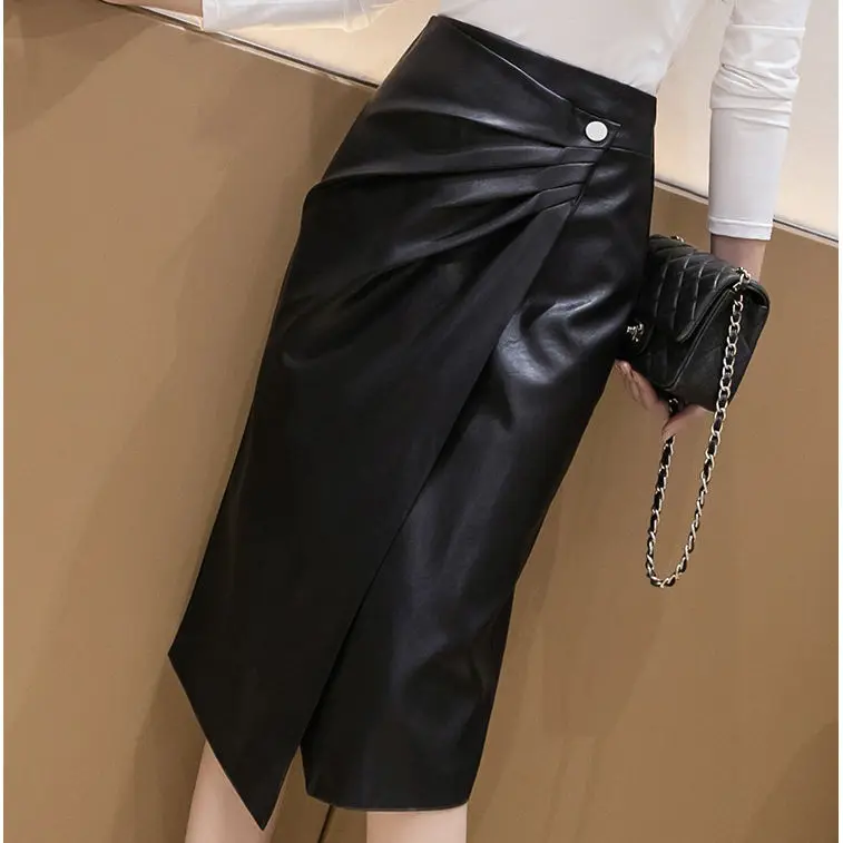

Fashionable And Atmospheric Black Leather Skirt Half Length Skirt New Korean Temperament Slim Fit And Versatile Hip Wrap Skirt