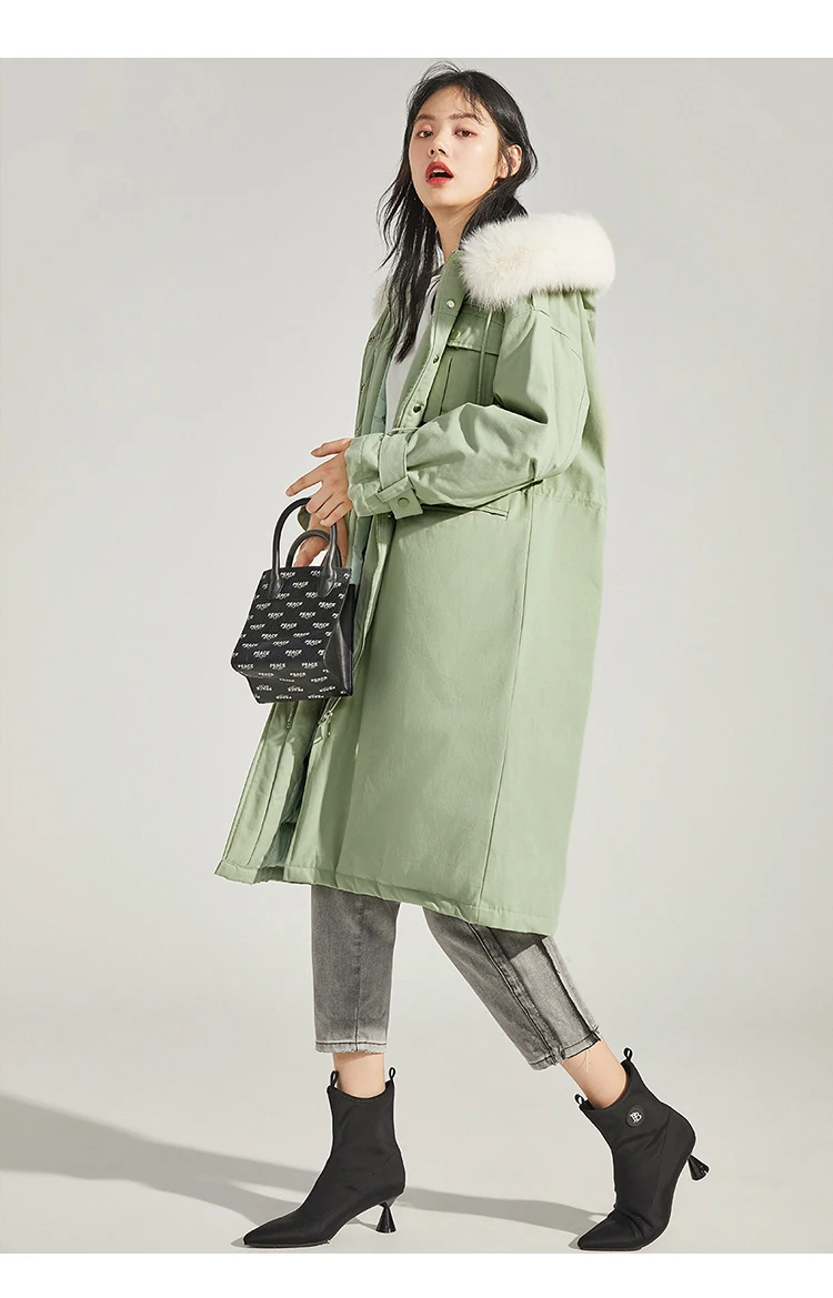 Зеленое пуховое пальто, длинные парки, новинка, зимнее Свободное пальто для женщин, модное пальто с меховым воротником, теплый пуховик, пальто WM163