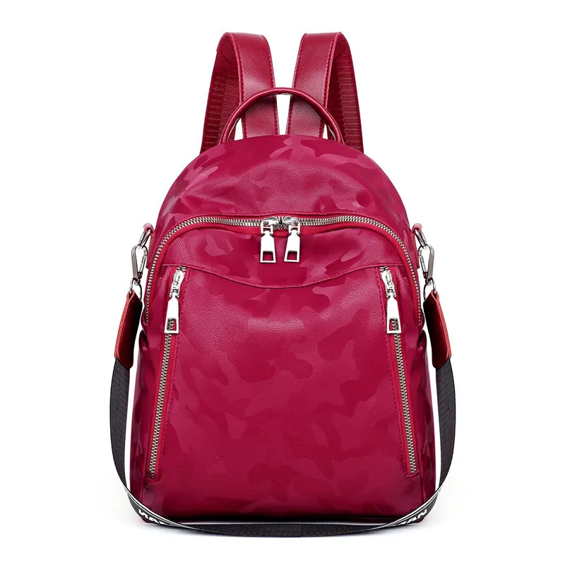 Backpack high quality PU camouflage fabric new youth girl student bag fashion multi-function travel bag black - Color: wine red