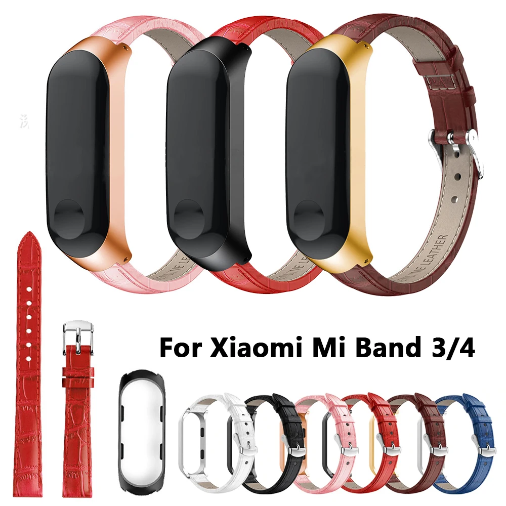 Металлический корпус с кожаным ремешком на запястье Смарт-часы для Xiaomi Mi Band 3/4 Новинка