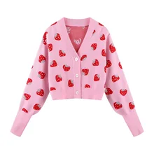 2021 New Spring Autumn Strawberry Print Women Cardigans Sweater Fashion Slim Ladies Knitted Sweater Korean Style Female Tops