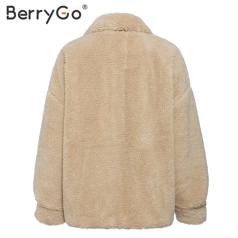 BerryGo, модное плюшевое Женское пальто из искусственного меха, шикарные вечерние женские пальто на пуговицах с большими карманами, осенне-зимняя женская теплая куртка