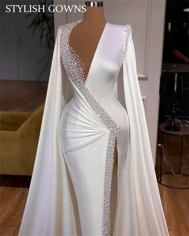 Luxury White Deep V Neck Evening Dresses With Long Sleeves Beaded Pearls  Wedding Dress High Slit Birthday Party Gown|Evening Dresses| - AliExpress