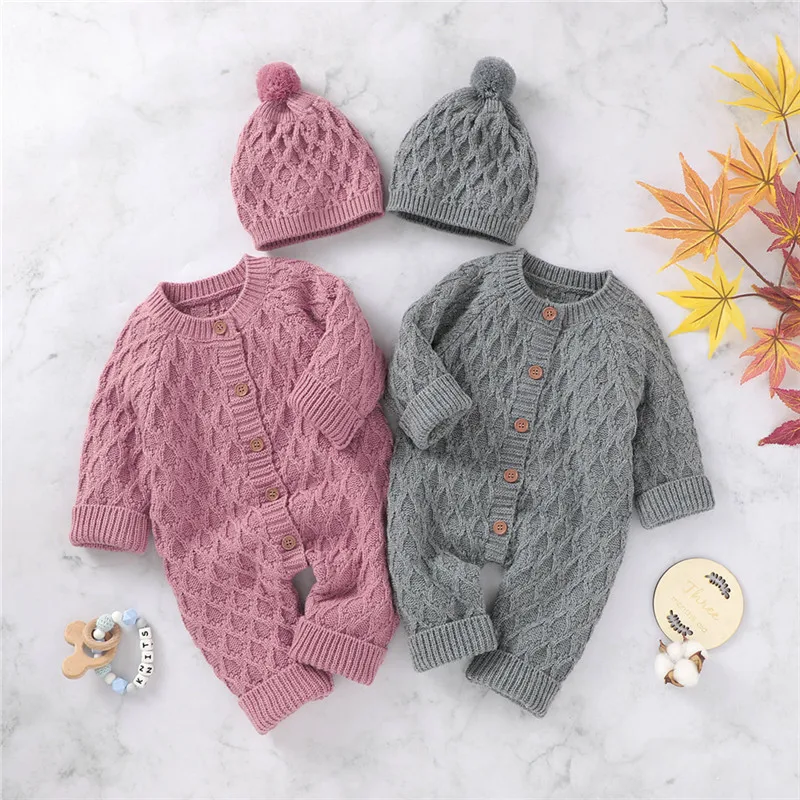 

Baby Clothes Newborns Baby Romper Winter Jumpsuit Fashion Knit Long Sleeve Jumpsuit+Hat Children Clothes Ropa Bebe Free Shipping