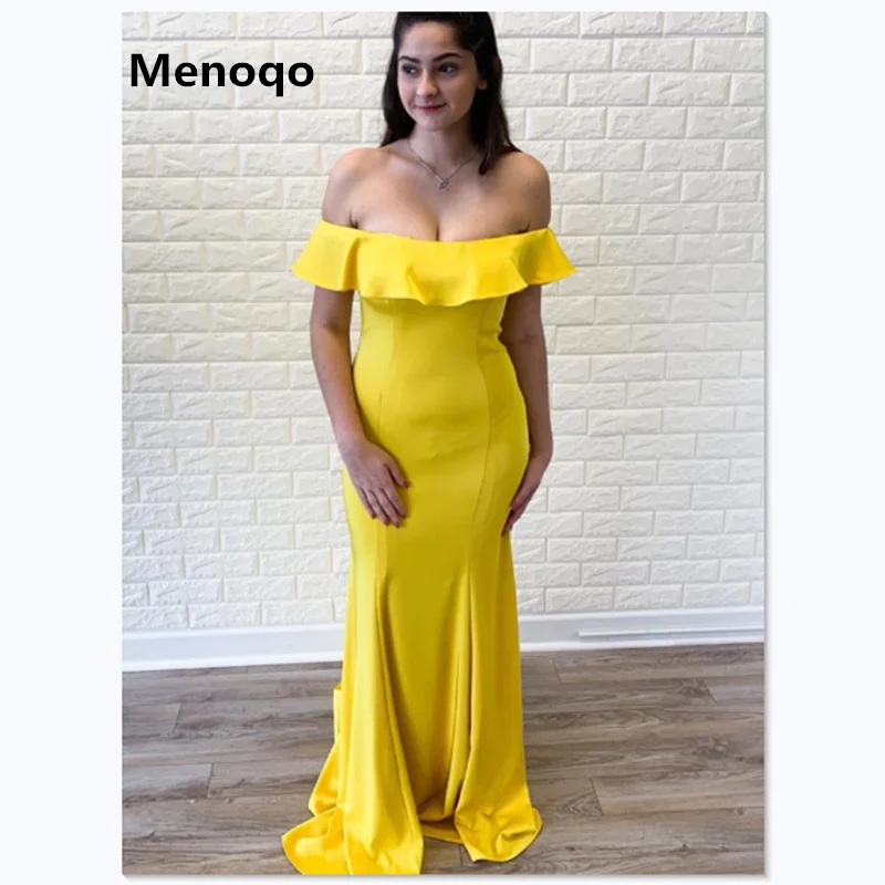 Желтые Вечерние платья с открытыми плечами Vestido De Fiesta Русалка коротким шлейфом