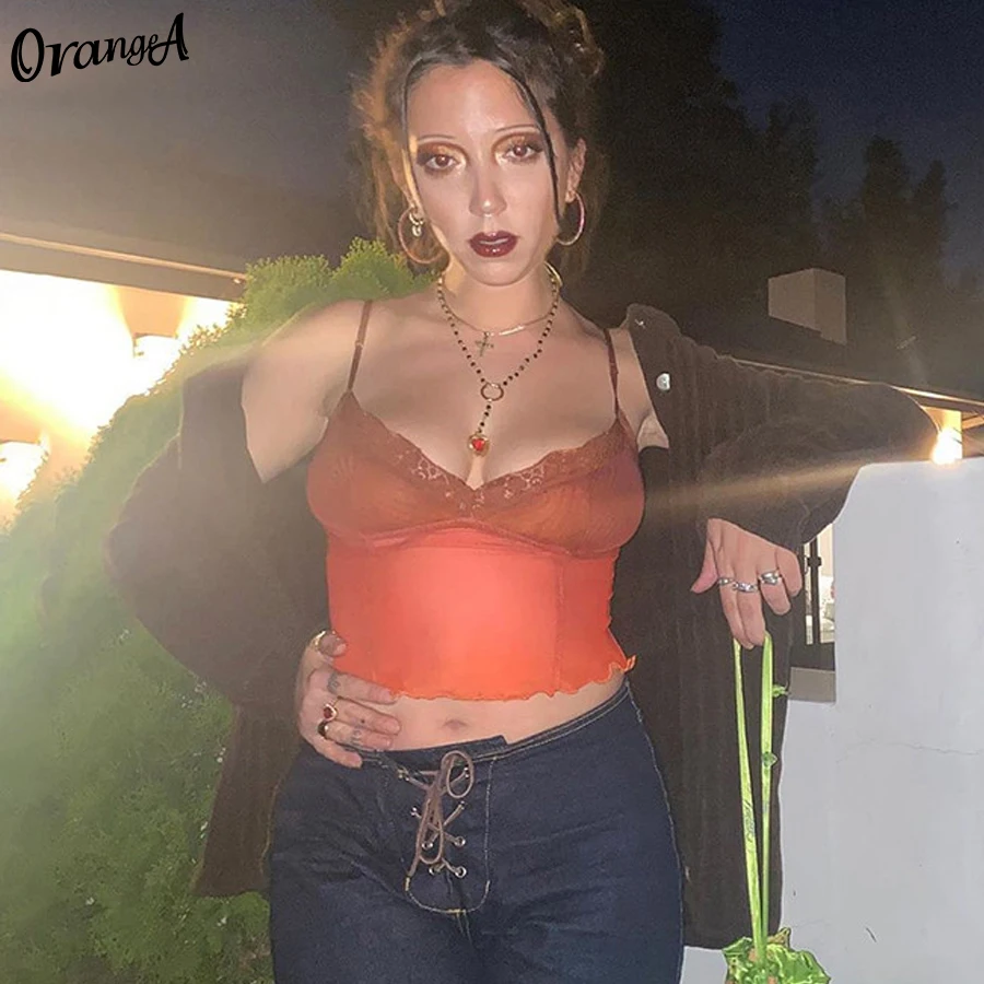 

OrangeA Sexy Women Sleeveless Camisole Y2K Tops Mesh Patchwork Lace Ruffles Backless Summer Vacation Streetwear Fashion Vest