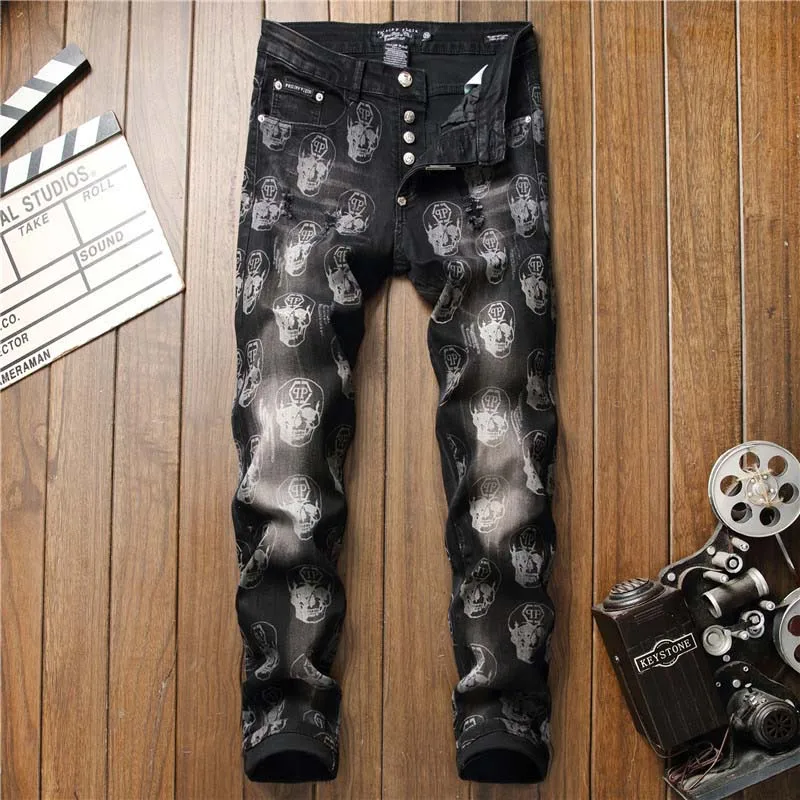 Skull Printed Jeans Pants Mens Hip Hop Streetwear Denim Trousers Washed Stretch Pants Male  (5)