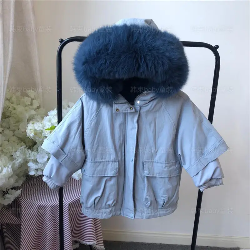 Large Collar Real Fur Long Kids Jackets Winter Parkas Autumn Children's Boys Girls Detachable Rex Rabbit Fur Liner Coat - Цвет: Blue