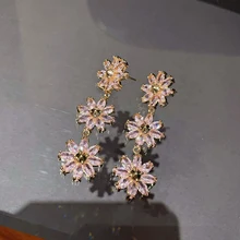  Fashion Silver Color Earrings for Women Three Blue Daisy Flowers Crystal Pendant Dangle Earrings for Women Jewelry Gift 