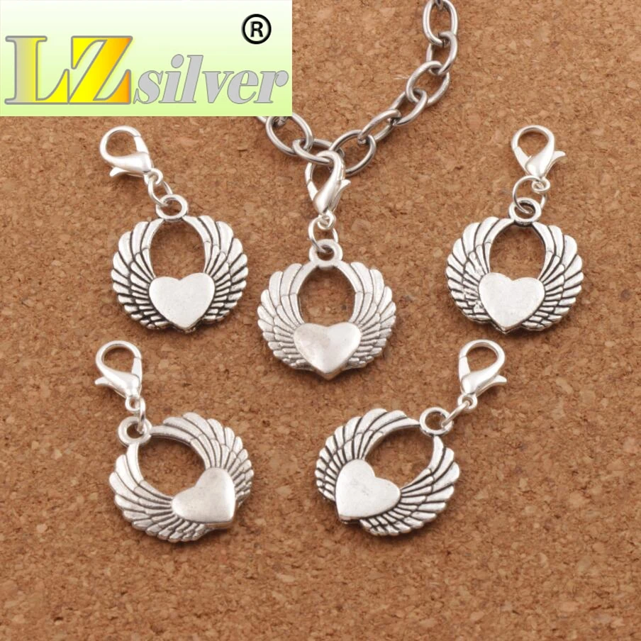 Flying Angel Wing Heart Lobster Claw Clasp Charm Beads 35.6x19.3mm 100pcs Zinc Alloy Jewelry DIY C217