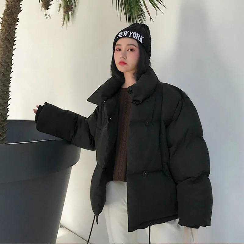 

Korean Style 2019 Winter Down Jacket Women Stand Collar Solid Black White Female Down Coats Loose Oversized Women Short Parka