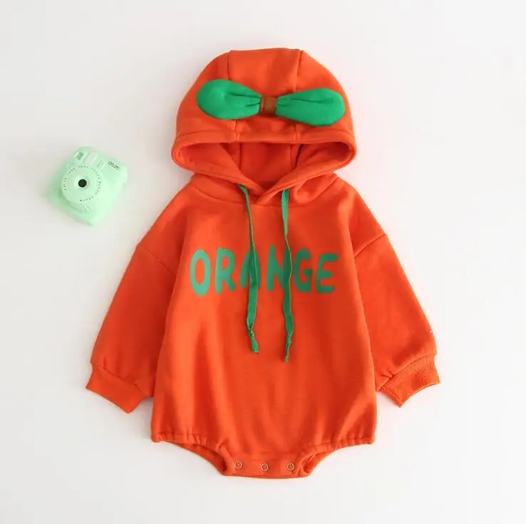 Autumn Winter Baby Girl Hoody Bodysuit ROMPER Newborn Outfits Fruit One Piece Thickening Sweatershirt Apple Orange Banana - Color: Orange