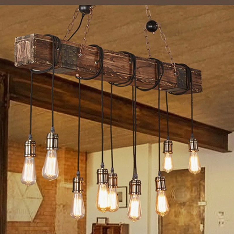 10 Lights American Loft Pendant Lights E27 LED Wooden Vintage Hanglamp Fixtures For Living Room Decoration Luminaire Suspension (2)