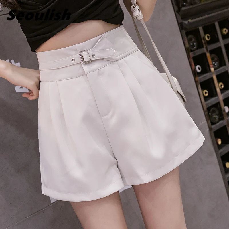 

Seoulish Summer 2021 Casual Office Women's Shorts Button High Waist Wide Leg Shorts Elegant Workwear Female Solid Loose Trousers