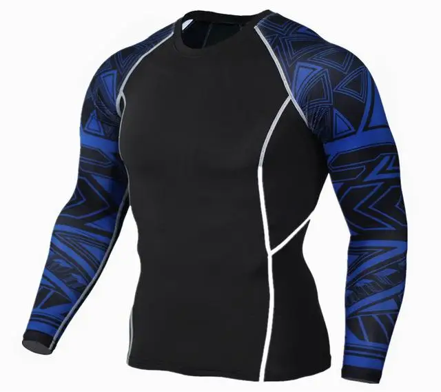Мужской костюм для бега, термобелье для фитнеса, тренировочный базовый слой, зимний теплый костюм для бега, мужской компрессионный костюм, спортивный костюм для спортзала - Цвет: Blue pattern T-shirt