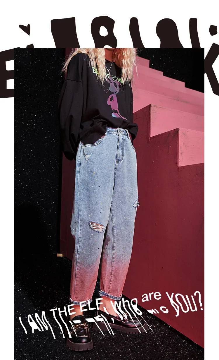 ELFSACK Pink Gradient High Waist Washed Casual Women Denim Jeans,2020 Autumn ELF Ripped Hole Korean Female Daily Basic Trousers