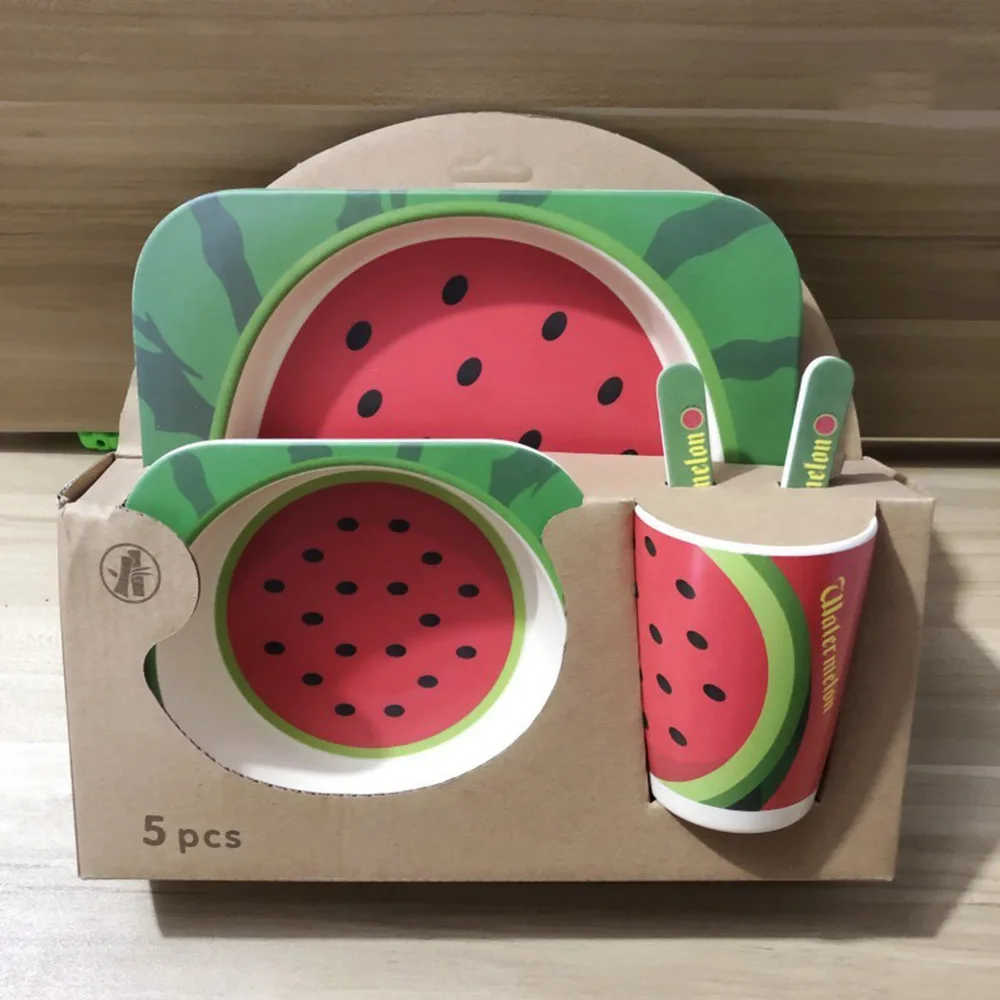 5Pcs/Set Bamboo Tableware Baby Dishes Children Cartoon Feeding Dishes Kids Natural Bamboo Fiber Dinnerware With Bowl Fork Cup - Цвет: PJ4036B8