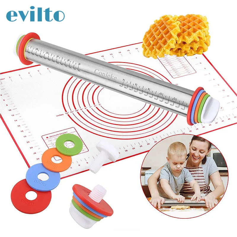 

17inch Adjustable Rolling Pin with Non-stick Silicone Baking Mat Cake Rolling Dough Pad Tray Inner Liner Pads Baking Pastry Tool