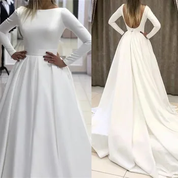 

Simple Satin Wedding Dresses Long Sleeves Backless O-Neck Elegant Bridal Gowns Bride Dress Vestido De Noiva Cheap