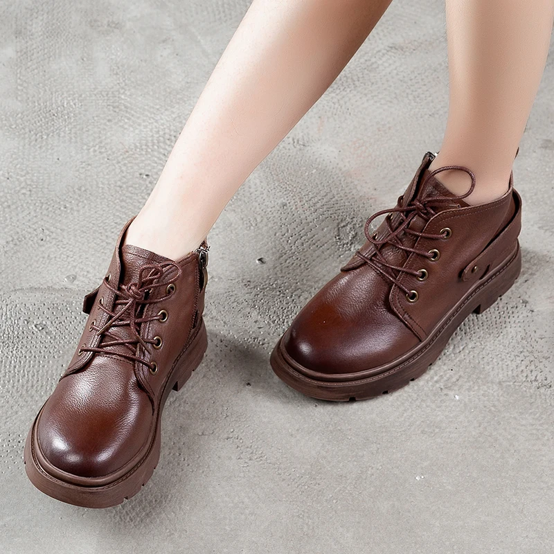 Boots Female 2019 Autumn Leather Casual Shoes Women's Ankle Boots Platform Lace Up Lady Short Boots