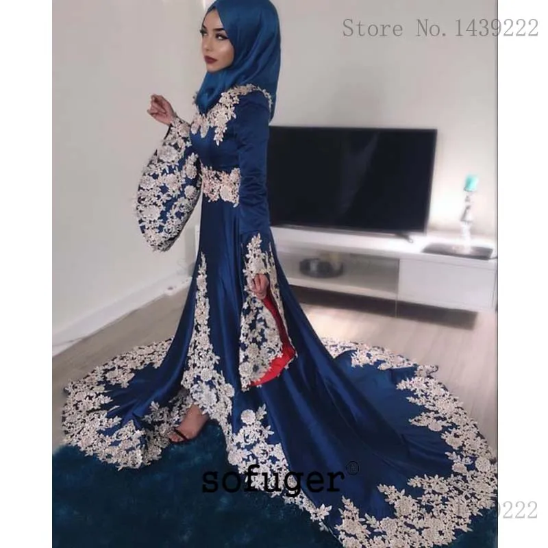 

Muslim Navy Blue Elegant Evening Dresses Prom Long Sleeves Arabic Special Occasion Robe De Soiree Plus Formal Gown
