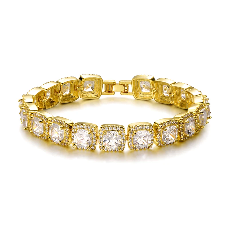 Gold Bracelet Хип хоп 1 комплект 10 мм Bling кубический цирконий Iced Out браслет ожерелье геометрический квадрат AAA CZ камень теннисная цепь для мужчин ювелирные изделия - Окраска металла: Gold Bracelet