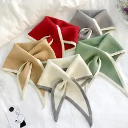 Wool Knit Triangular Scarf Korean Female Winter Knitted Scarf Warm Soft False Elastic Collar Neck Guard Bow Color I5t7