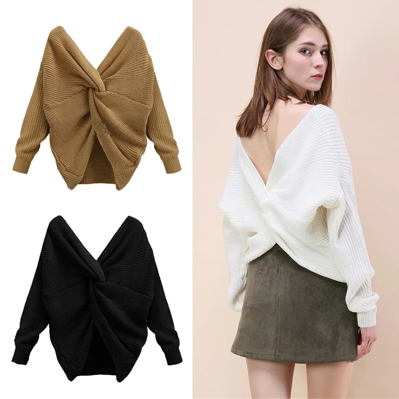 

V-neck Open-back Sweater With Irregular Cross-knotted Knitwear Both Sides 2019 Winter Designer Women Sweater Clothes Fashion