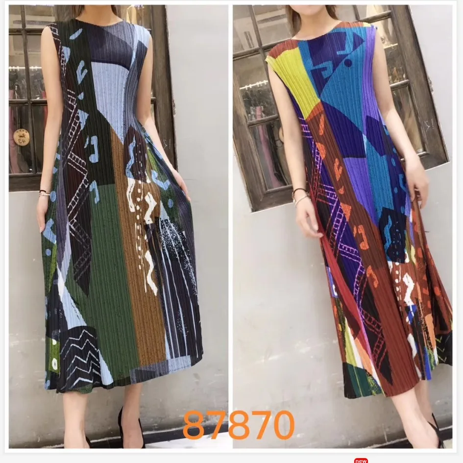 Лидер продаж Miyake Fold модное платье без рукавов с геометрическим принтом и круглым вырезом, платье доступно