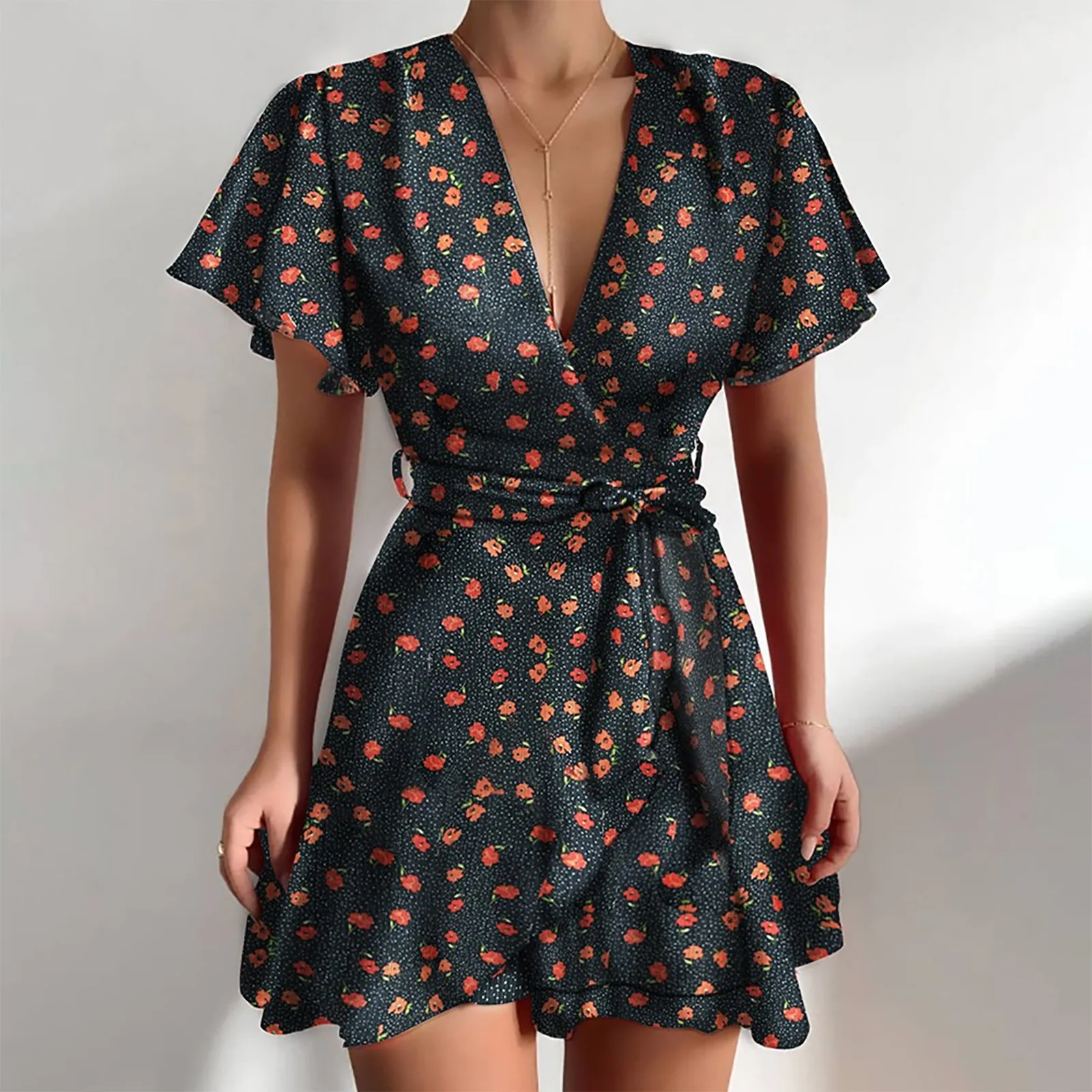 Summer Women Fashion Printed V-neck Dress  Short Sleeve Ruffled Belt Wrapped Slim Mini Dress Elegant Party Dress Vestido Mujer 1