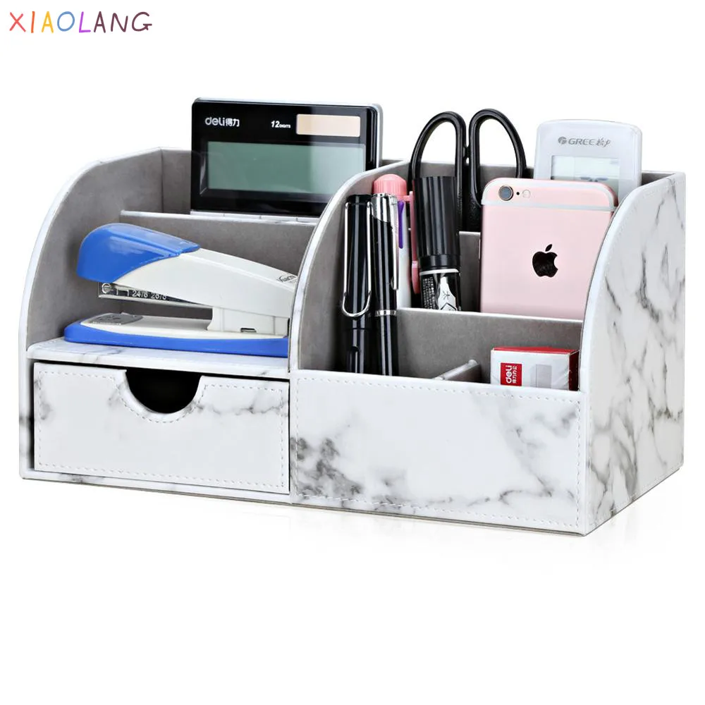 

New Marble Pattern Desk Organizer Box Storage Boxes Compartment Multi-functional remote control holder Faux Leather Pen Holder