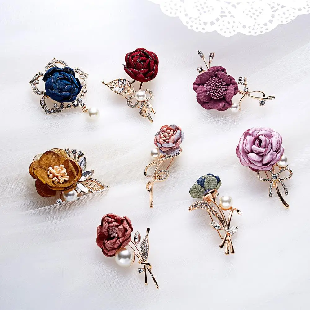 

Ladies Cloth Art Pearl Fabric Flower Brooch Pins Cardigan Shirt Shawl Pin Vintage Coat Dress Collar Badge Jewelry Accessories