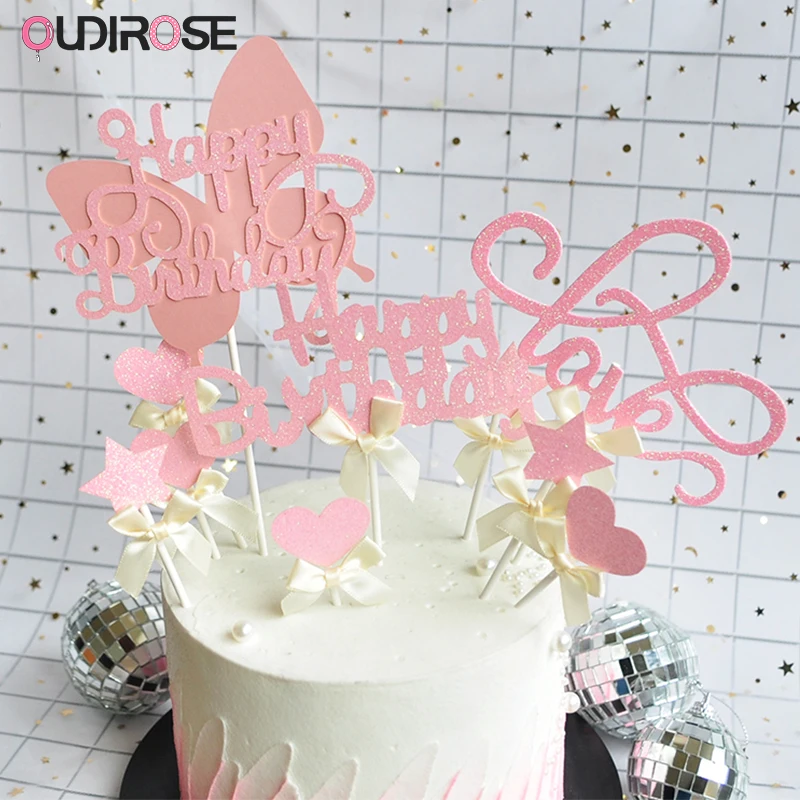 Pink Butterfly Happy Birthday Cake Toppers Bow-knot Heart Star Paper Cupcake Topper Wedding Party Decor Supplies For Bridal Gift | Дом и сад