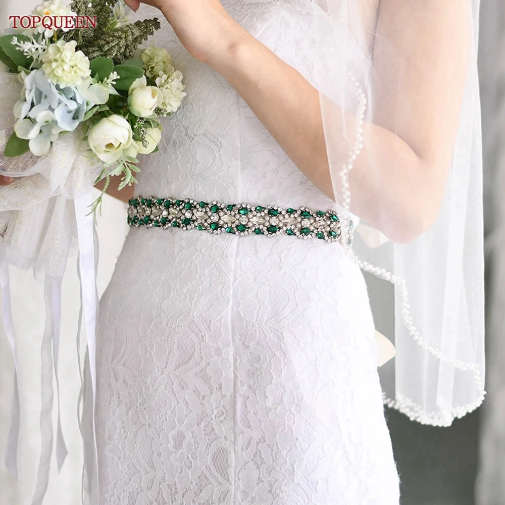 TOPQUEEN S466 Bridal Dress Belts Emerald Green Rhinstone