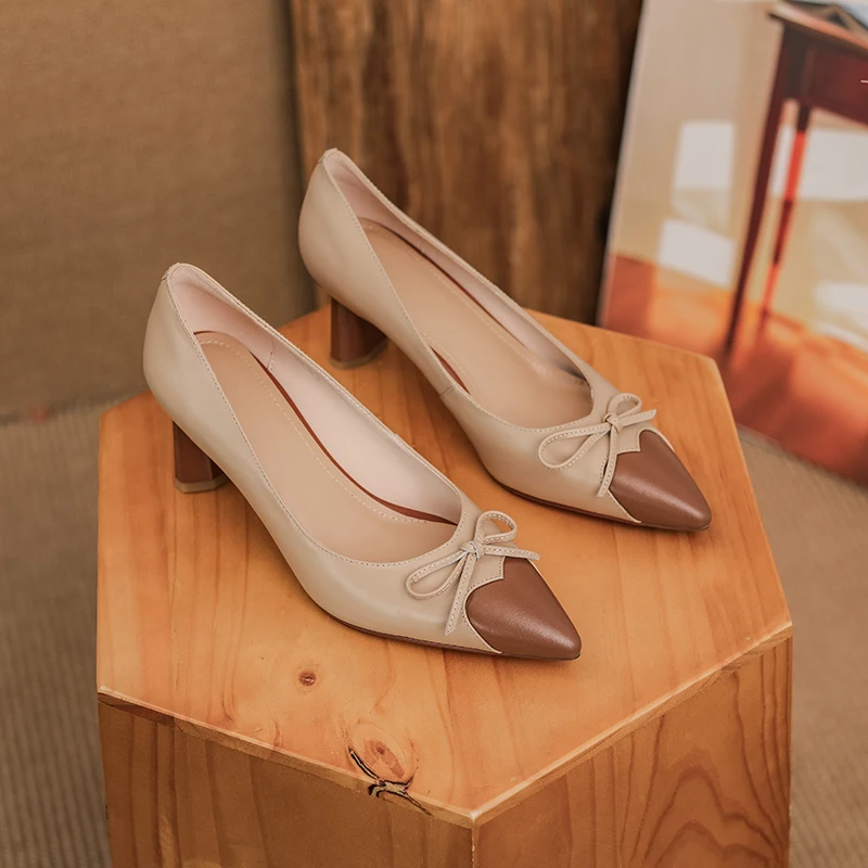 

Osunlina 2023 New Pumps Butterfly Knot Design Pointed Toe 6cm High Heels Pumps Handmade Genuine Leather Woman Slip On Shoes