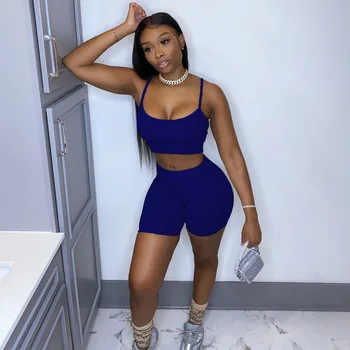 

2020 2Pcs Set Sexy Women Sleeveless Strap Bra Bustiers Tank Vest Crop Tops High Waist Shorts Pants Trousers Tracksuit Summer