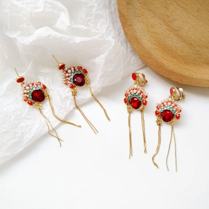 

Vintage Chinese Style Fun Red Peking Opera Face Long Tassel Earrings Personality Girl Women's Accessories Ear Clip Jewelry