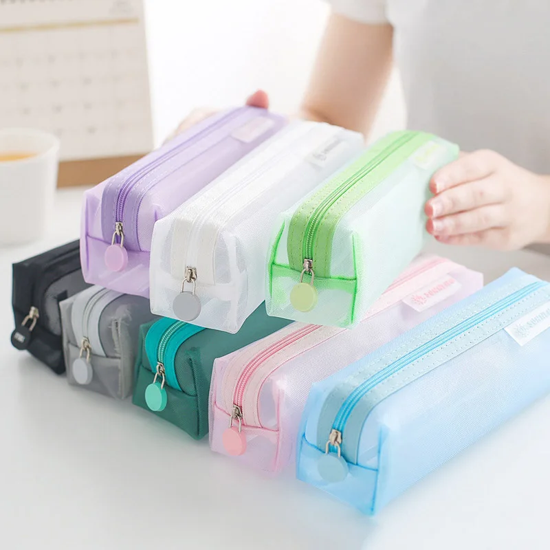 

Simple Transparent Mesh Pencil Cases Large Capacity Color Zipper Pencil Bag School Supplies for Girl Gift Korean Stationery