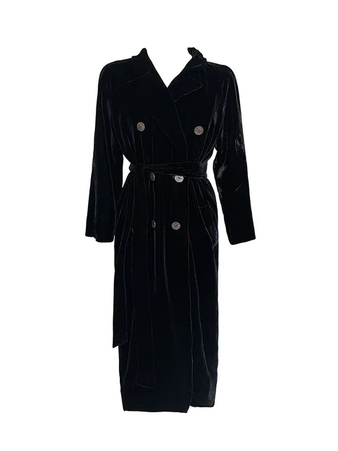 Women Velvet Coat Autumn Winter Elegant Open Stitch Black Velour Long Overcoat Double Breasted Robe