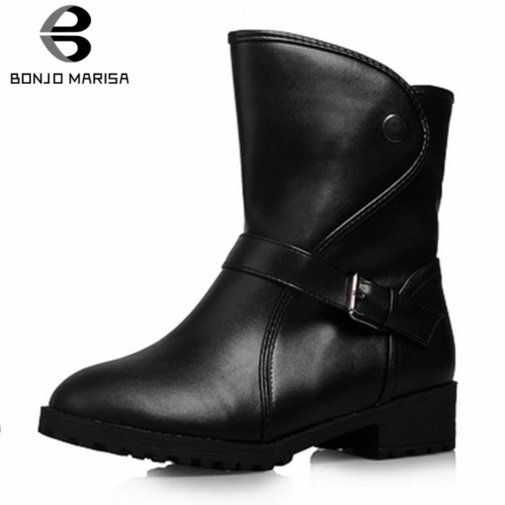 

BONJOMARISA New women's Elegant Ankle Western Boots Women 2020 Winter Concise Riding Booties Casual Low Heels Shoes Woman 34-43