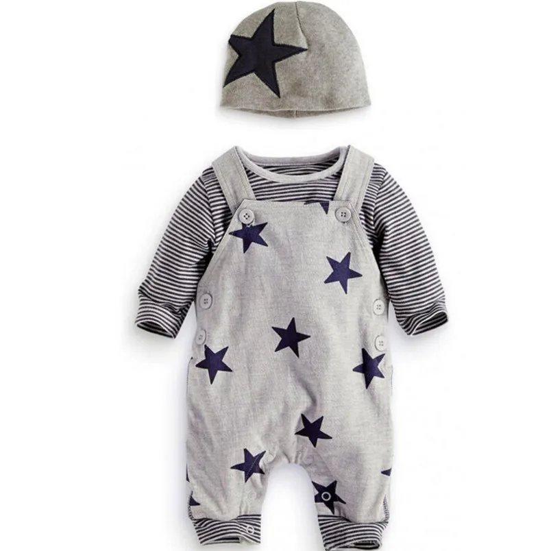 Новые комплекты одежды из 3 предметов для маленьких мальчиков, Roupas, одежда с длинными рукавами и рисунком для маленьких мальчиков 0-3 лет, Осенняя детская одежда, комплект для мальчиков с шапочкой - Цвет: Серый